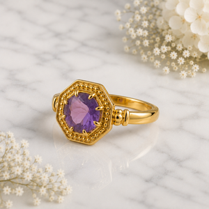 S925 Natural Amethyst Gemstone Rings Gold Plated Sterling Silver Ornate Band Prong <b>Set</b> Classic Women Anniversary Ring Wholesale - Product Image 3