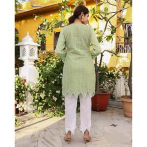 Conjunto de Kurta de Chifón Chikankari Transpirable Verde Talla XS para Mujer - Product Image 4