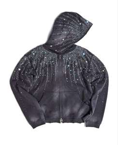 Sweat-shirt à capuche zippé noir pour homme, style décontracté surdimensionné avec strass, idéal pour l'automne - Product Image 1
