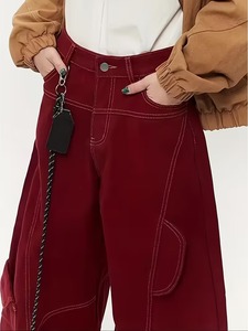 American Street-style <b>Burgundy</b> Wide-leg <b>Jeans</b> Are Simple Stylish Casual And Versatile with Contrast Stitching Decoration - Product Image 3