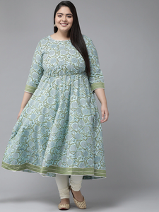 Kurti Anarkali en coton bleu avec col rond et manches trois quarts pour femmes grandes tailles, tenue élégante pour tous les jours - Product Image 1