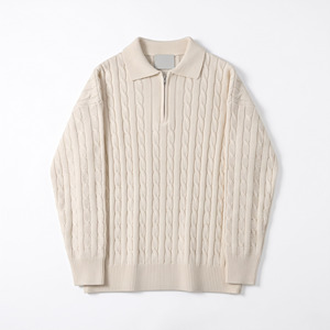 Cardigan Homme en Maille Câblée Crème à Demi-Zip, Col Rabattu, Laine Épaisse, Couleur Unie, Vêtement d'Hiver Anti-Boulochage avec Fermeture Éclair - Product Image 1