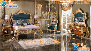 Lits et meubles de chambre à coucher indiens exotiques en bois de teck Ensemble de chambre à coucher de luxe 5 pièces taille king avec revêtement doré - Product Image 3