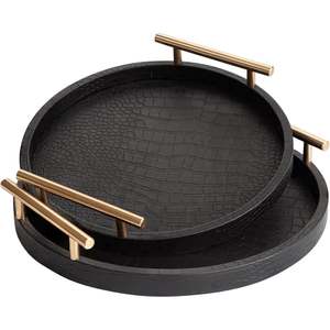 Modern Round <b>Decorative</b> <b>Trays</b> with Handles <b>Black</b> Crocodile Texture 2Pcs Set - Product Image 1