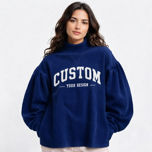 Pull col roulé bleu marine pour femme, à manches bouffantes, tricoté, coupe oversize, avec impression de lettres personnalisée, pour l'hiver - Product Image 1