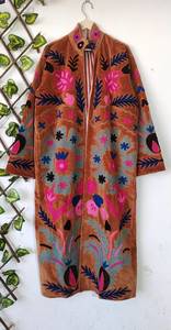 <b>Women</b> Hand <b>Embroidered</b> Suzani Velvet Coat Brown Floral Paisley Motif Long Duster <b>Jacket</b> Open Front Kimono Robe Boho Winter - Product Image 3