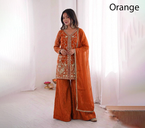 ชุดส่าหรีผ้าไหมสีส้มสำหรับผู้หญิง ปักลายแบบดั้งเดิม ทรงหลวม ยาวคลุมเท้า สไตล์ชาติพันธุ์ อินเดีย ปากีสถาน สำหรับงานแต่งงาน - Product Image 1