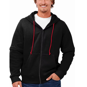Men's <b>Black</b> Hooded <b>Zip</b> <b>Up</b> Sweatshirt Regular Fit Fleece Casual Autumn Wear Red Drawstrings Solid Color 100% Cotton - Product Image 1