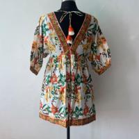 Robe Courte Bohème Col V en Coton Imprimé à la Main de Jaipur, Motif Floral, pour Femme, Automne-Été, Tenue de Plage, Tunique à Volants à Taille Naturelle