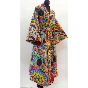 New Arrival Handmade Long Multicolored V-neck Long Sleeves <b>Kimono</b> Robe With Fruit Patterns for <b>Women</b> - Product Image 2