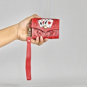 New Real Western Floral Hand Tooled Cowhide Fur Leather Purse For Women Stylish Fashionable <b>Playing</b> <b>Cards</b> Design Wristlet Wallet - Product Image 1