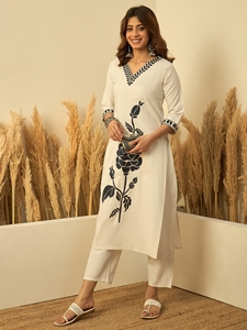 Ensemble kurta et pantalon en coton blanc pour femme avec broderie florale noire, longueur cheville, tenue ethnique indienne traditionnelle, ensemble kurti décontracté - Product Image 2