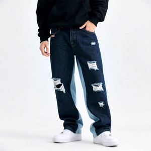Jean en denim déchiré coupe droite pour homme, taille mi-haute, en coton délavé, style décontracté ample, collection automne - Product Image 5