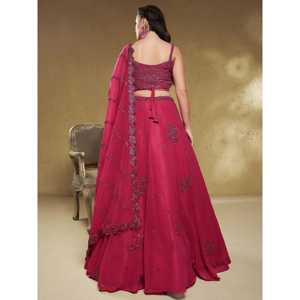Precioso Lehenga Choli de Georgette Rosa Bordado, Semi-Confeccionado, para Recepciones, por Zeel Clothing - Product Image 3