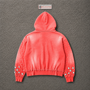 Sudadera con capucha extragrande de felpa francesa para hombre, con cremallera, color coral, adornos de pedrería y manga regular, estilo otoñal - Product Image 6