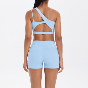 One Shoulder Asymmetric Crop Top High Waist Shorts 2 Piece Yoga Set Seamless Breathable Solid Light <b>Blue</b> Activewear - Product Image 5