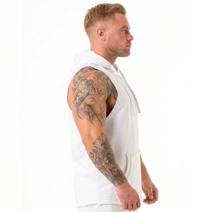 Prix d'usine, logo personnalisé, débardeur à capuche sans manches pour homme, couleur unie, tricoté, vêtements décontractés avec poches - Product Image 4