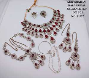 Luxury <b>Ruby</b> Red Kundan Half Bridal <b>Necklace</b> Set with Maang Tikka Earrings Hathphool Nath Ring Wedding Jewelry Collection Set - Product Image 1