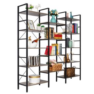 "French Vintage Industrial 5 Shelf <b>Wood</b> Metal <b>Bookcase</b> Triple Wide Open Bookshelf Large Etagere Furniture" - Product Image 5