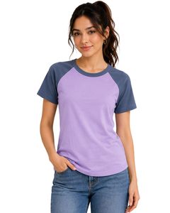 เสื้อยืดแร็กแลนสีม่วงลาเวนเดอร์และสีน้ำเงินสเลทบลูแบบกำหนดเองสำหรับผู้หญิง คอกลม แขนสั้น ผ้าฝ้ายผสมเนื้อนุ่ม ใส่สบายสำหรับฤดูร้อน - Product Image 1