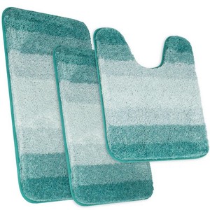 Striped Chenille Bath <b>Mat</b> <b>Set</b> 3 Piece Non-Slip Rubber Backing Modern Home Use Rectangle Shape Teal Color - Product Image 3