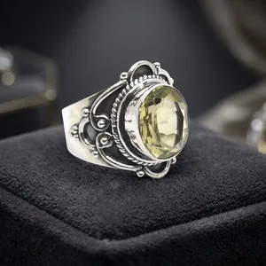 Vintage 925 Silver Cocktail Ring With Yellow Lemon Quartz Setting Unisex Everyday Wear Jewelry - Product Image 4