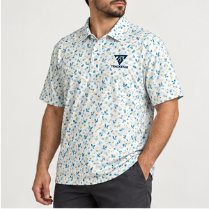 Trackstar Men's White <b>Blue</b> Gold Abstract Leaf Print <b>Polo</b> <b>Shirt</b> Short Sleeve Button Collar Golf <b>Shirt</b> Custom Logo - Product Image 5