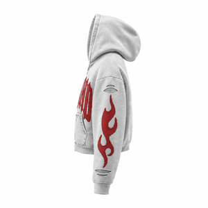 Sweat à capuche Wida Sports gris hiver surdimensionné avec fermeture éclair intégrale, respirant, avec applique flamme rouge et poches cloutées, streetwear unisexe en polaire - Product Image 4