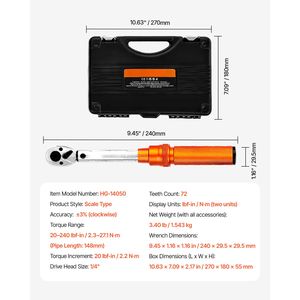 Set di chiavi dinamometriche a scatto con attacco da 1/4 di pollice, 20-240 Lbf/2.3-27.1 N.m, a doppia direzione, con doppia scala, 72 denti, precisione 3% - Product Image 3