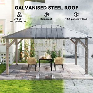 Gazebo con Tetto Rigido in Noce Chiaro 12x16, Padiglione Permanente in Legno con Protezione UPF50+, Tetto Trasparente, Tettoia e Pergola in Acciaio Zincato - Product Image 4