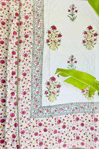 Reversible Hand Block Printed Cotton Quilt Multicolor Floral with Pink Striped Border Modern & Quirky <b>Comforter</b> Print Quilt <b>Set</b> - Product Image 2