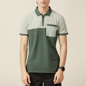 เสื้อโปโลชาย แขนสั้น ทรงปกติ ผ้าฝ้ายถัก ระบายอากาศดี ดีไซน์กระเป๋า  แบบคัลเลอร์บล็อก - Product Image 1