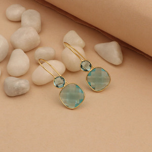 <b>Gold</b> Plated Drop <b>Earrings</b> With Topaz Bezel Setting Geometric Fashion <b>Dangle</b> Jewelry For Women - Product Image 5