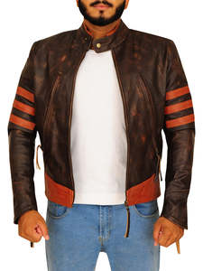 Blousons de motard en cuir vieilli bicolore avec col montant, imperméables et coupe-vent - Product Image 3