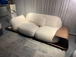 Luxury Boucle Teak Wood <b>Sofa</b> with Integrated <b>Side</b> <b>Table</b> Modern Japandi Curved Couch for Living Room Hotel and Apartment - Product Image 2