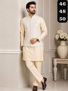 <b>Men's</b> Pink Silk <b>Kurta</b> Pajama Set With Nehru Jacket Traditional Ethnic Wear For Wedding Regular Fit Ankle Length All Seasons - Product Image 4