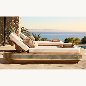 Chaise longue d'extérieur en teck de qualité supérieure avec rangement, cadre rond tressé en corde, dossier réglable, pour piscine, hôtel, villa - Product Image 5
