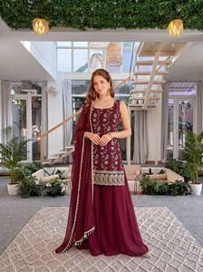 Premium Wine and <b>Emerald</b> Green Embroidered Sharara Suit Set with Chiffon Dupatta Designer Ethnic Party Wear Wedding Outfit - Product Image 6
