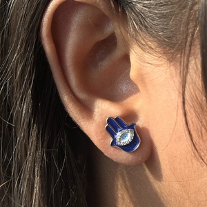 Hamsa Hand <b>Stud</b> <b>Earrings</b> 925 <b>Silver</b> Blue Evil Eye Crystal Rhinestone Religious Jewelry - Product Image 3
