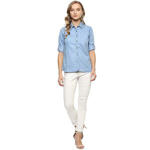 Camisa de Mezclilla con Cuello Alto 100% Algodón Orgánico para Mujer, Corte Ajustado, Manga Corta, Informal, de Verano, para Oficina - Product Image 4