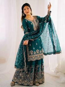 Embellished <b>Green</b> Salwar Kameez Set Sequined Embroidered Indian Pakistani Outfit for Wedding Party Women - Product Image 4