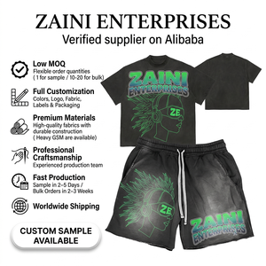 Conjunto de Camiseta y Pantalones Cortos Negros Extra Grandes, Transpirables, de Poliéster 100%, 280 GSM, con Estampado en Relieve, para Hombre, Verano, OEM, ODM, ZAINI - Product Image 1