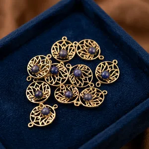 Natural <b>Lapis</b> <b>Lazuli</b> Brass <b>Pendant</b> Charm, Floral Filigree Jewelry Making Component - Product Image 1
