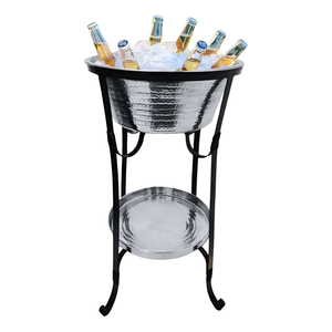 Hammered Stainless Steel Beverage Tub with Iron Stand Metal Ice Bucket <b>Drink</b> Chiller Vintage Standing Wine & Beer <b>Cooler</b> - Product Image 1