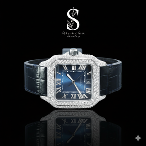 Reloj de Hombre de Plata de Ley 925 Maciza con Baño de Platino, Totalmente Adornado con Diamantes de Moissanita, Correa de Cuero, Movimiento de Cuarzo, Joyería de Moda - Product Image 1