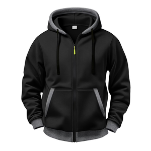 Sudadera con Capucha Negra de Alta Calidad para Hombre, Cierre de Cremallera, Poliéster/Algodón, Corte Regular, Color Sólido, Ribete Gris en la Parte Delantera, 420g, Servicio OEM - Product Image 1
