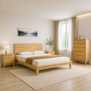Vietnam Furniture Wooden Bedroom <b>Set</b> with 4 Units Japanese Joinery <b>Bed</b> Frame Rubberwood Bedroom <b>Set</b> OEM/ODM - Product Image 1