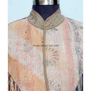 Elegante Chaleco de Algodón Kantha Hecho a Mano con Cuello en V para Mujer, Chaqueta Corta de Invierno con Logotipo Bordado en la Espalda, Estilo Urbano - Product Image 3