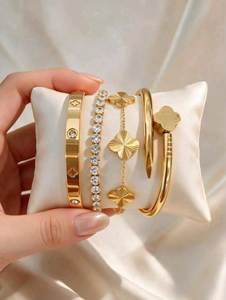 เครื่องประดับแฟชั่นมินิมอลสุดฮิต ขายส่ง กำไลข้อมือรูปใบโคลเวอร์ชุบทอง 18K สำหรับผู้หญิง ชุดกำไลแบบซ้อนได้ กำไลข้อมือและกำไล - Product Image 2