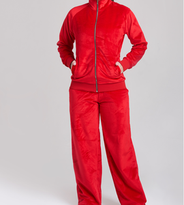 <b>Red</b> Unisex Fleece Tracksuit Full Zip Stand Collar Solid Color Casual Winter Wear With Side Pockets Regular Fit Adult Size - Product Image 1